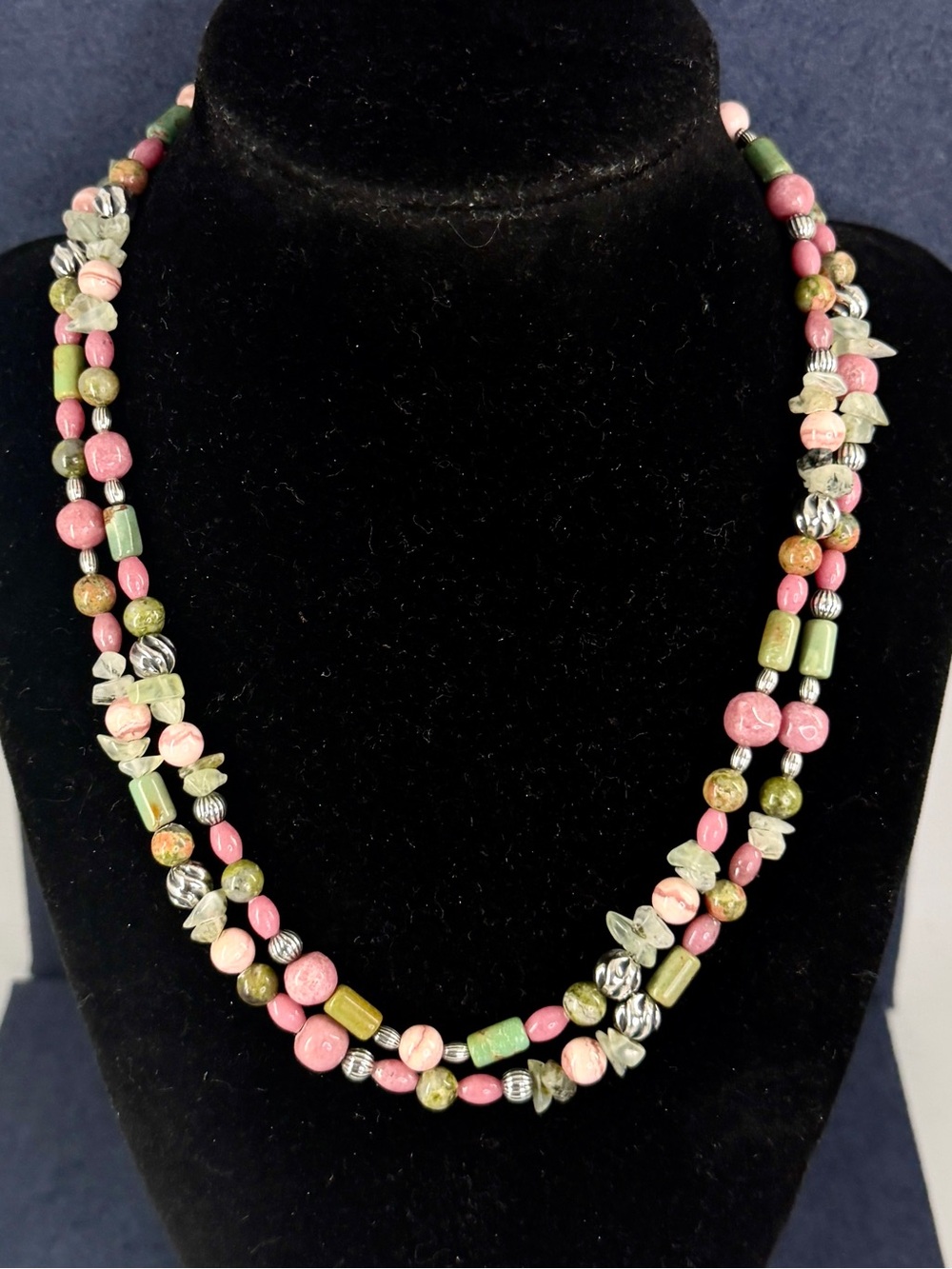 CAROLYN POLLACK Sterling Silver Pink Green Rhodonite Jasper Unakite Necklace - Picture 4 of 9